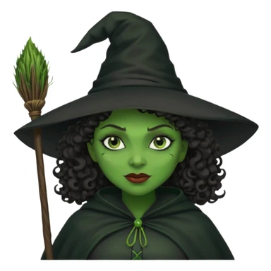 elphaba wicked witch with broom close up, evil dark curly hair, green skin, thick lips, cheekbones, smirk evil menacing cythia erivo dark aesthetic black hat cloak  sticker