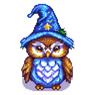owl wearing a starry wizard hat in pixel art style sticker