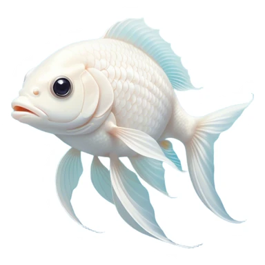 Cinematic Noble White Goldfish Portrait Emoji, Poised and regal, with a sleek, streamlined build and a luminous, pure white body, deep-set soulful pale eyes, Simplified yet sharp and sophisticated features, highly detailed, glowing with a soft, dignified glow, high shine, intelligent and graceful, stylized with an air of aquatic purity, focused and attentive, soft glowing outline, capturing the essence of a watchful and confident aquatic companion, so majestic it feels as though it could glide out of the screen with effortless authority! sticker