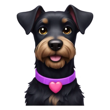 All black terrier dog with purple and pink collar with heart that says Remi  sticker