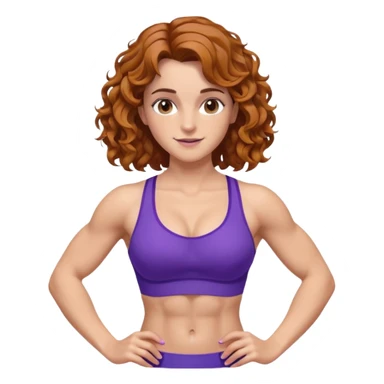 big biceps, muscled torso, very beautiful italian happy girl, looking like Emma Watson, with wavy curly bright hazelnut hair, dressed in violet bra sports outfit, very muscled sticker