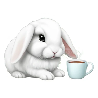 White mini lop rabbit drinking tea from a mug sticker