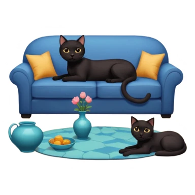 schwarze Katze auf dem Sofa mit unschuligem Blick und Hund auf dem Boden vor einer zerbrochenen Vase - Zimmer ist verwüstet, Kissen liegen unten sticker