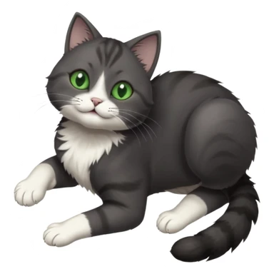 solid dark grey cat with green eyes, white toes/paws and white patch on her chest playfully rolling upside down sticker