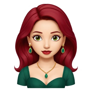 pretty bratz genmoji that looks like tamannah bhatia (bollywood actress), wearing a dark green sweetheart neckline top, dark red hair, light makeup, no necklace, dangly earrings, side hair part sticker
