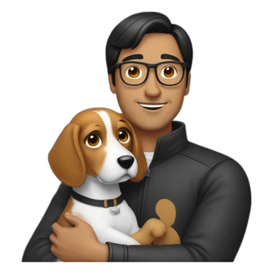 A man with black-hair and glasses hugging a beagle sticker