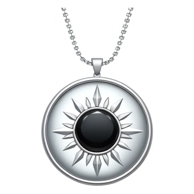 onyx pendant with mirror-like surface, suspended from a shimmering silver chain, radiating quiet magic sticker