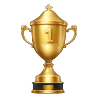 royal big empty Christian trophy for the winner with a cross on royal background  with number 1 sticker