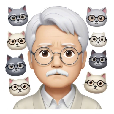 ​Cinematic Realistic Portrait of Hayao Miyazaki, depicted with striking white hair, defined black eyebrows, and large rectangular glasses, his thoughtful expression rendered in lifelike detail against a background of whimsical Studio Ghibli-inspired sketches, illuminated with soft, realistic lighting that emphasizes his creative genius, sticker