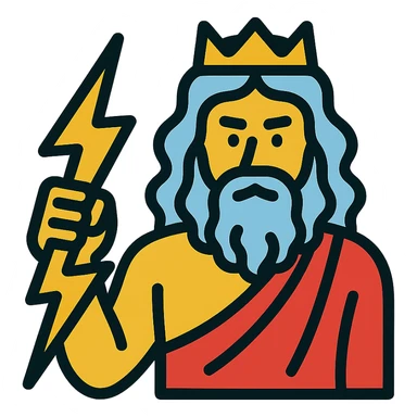 A detailed illustration of Zeus, the Greek god, with his beard, long curly hair, and regal attire, holding a lightning bolt sticker