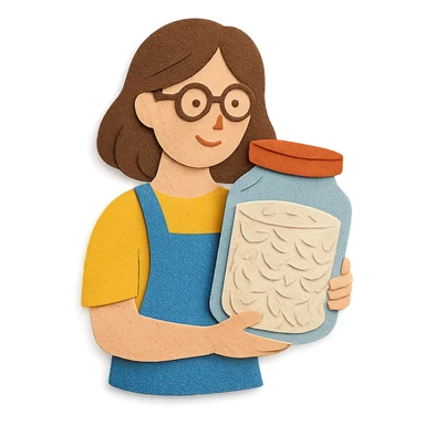designer woman with brown hair holding a big glass jar of rice in paper craft style sticker