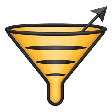 Minimalistic flat vector icon, iOS style, thin black contour on white background. Sales funnel shape with arrows pointing downward. Clean, no text, no shadows.
 sticker