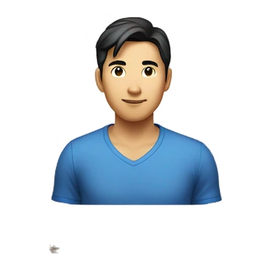 Asian man in blue shirt, dark medium length  hair, standing in a shipping box sticker