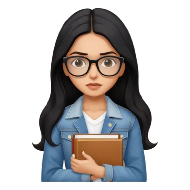 generate a pretty bratz emoji 
Make her look like Deepika Padukone wear a white dress with a denim jacket over it.long  black hair in a side part. Holding books

She should look exactly  like Deepika padukone! wearing tiny rectangular spectacle, looking sad sticker