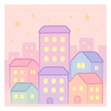 cityscape at dusk, gentle pastel tones, cozy windows lit up, kawaii cartoon style sticker