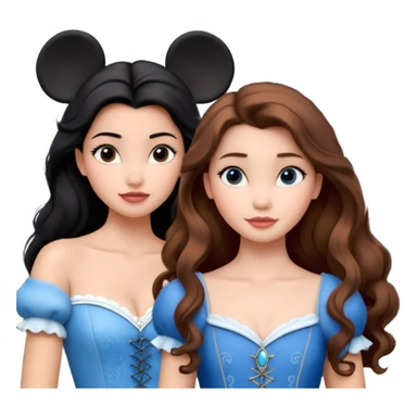 Quiero que crees una imagen donde este el castillo de Disney y por detrás o delante pon a 4 chicas: una con el pelo largo rizado marrón , otra con el pelo muy corto negro, como un chico, otra con el pelo mediano liso marrón con ojos azulesy otra con el pelo negro largo liso . Todos son color carne sticker