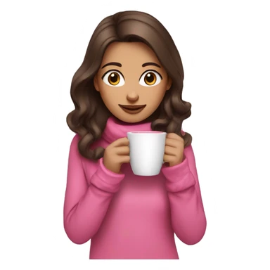 Brunette brown eyed girl sipping coffee in warm pink clothes and gloves sticker