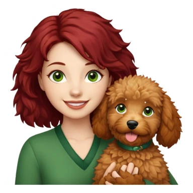 Girl with dark red hair green eyes holding a beige goldendoodle sticker