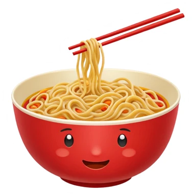 Chinese cuisine humanless avatar in bright emoji-style illustration. Noodles bowl, red and gold colors, simple shapes, flat design, bold and energetic. sticker