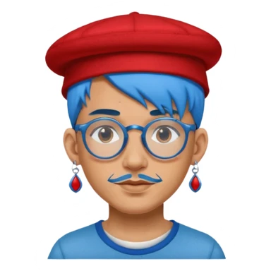 unique looking tourist with big unique red tourist felt hat and earrings, man with lots of tattoes and spectacles, blue hair showing sticker