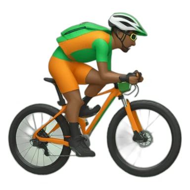 Mountain biker con bicicleta de color verde, y ropa de color naranja y negra, corriendo a mucha velocidad sticker