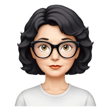 white woman about 50 years old with light warm skin, wavy black neck-length 80s short hair, neutral determined expression, large black shiny butterfly or cat-eye glasses, white casual t-shirt sticker
