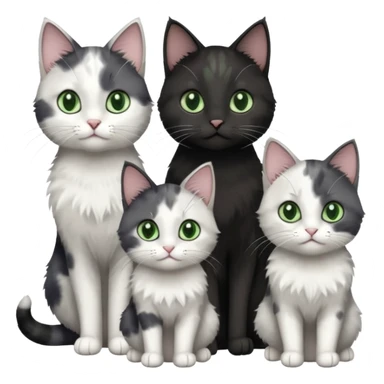 3 different coloured small cats including a dark grey and white, and a patchy calico and a completely solid dark grey with green eyes and only white paws sticker