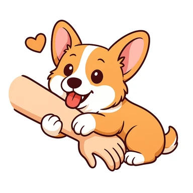 изобразить моего корги, сохранив внешность и телосложение в позе и эмоции как на первом референсе
обхватывает передними лапками человеческую руку и мило прикусывает sticker