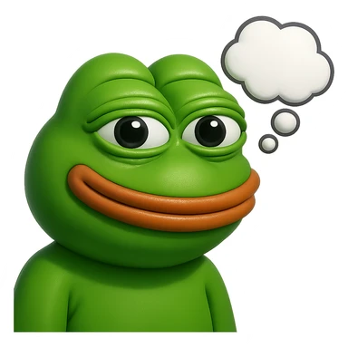 make a pepe in bright green smiling and looking straight at the camera with thought bubble looking at right right in 3d style, good highlights and shadows, drop shadows sticker