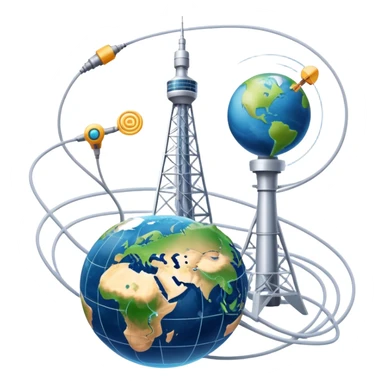An icon featuring a communication tower with signal waves, satellites in orbit, and fiber optic cables. The design includes a smartphone and an earth with connection lines, symbolizing global communication networks. Transparent background  sticker