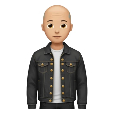  a man with bald head, black jeans jacket sticker