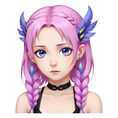 Gorgeous anime lady long-pale-pastel-pink-hair with one braid on each side, grumpy expression, purple-pink feather-ear-cuffs in hair, black bodysuit, blue eyes, pink iris, ethereal, fantasy, sticker