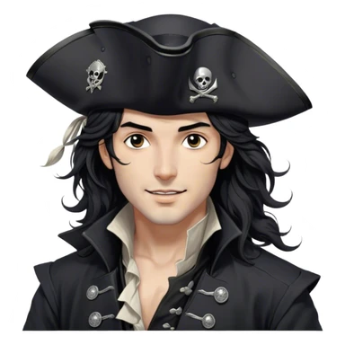 A charismatic pirate with wavy black hair tousled by the breeze. His silver-embroidered tricorn hat casts a shadow. He turns his head slightly, dark eyes glinting with mischief as he looks to the side, a knowing smile on his lips. His black coat, adorned with silver buttons, shifts with the wind sticker