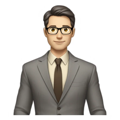 Full height Pale skinned Fit Man With dark brown hair in classic gray suit, beige office shirt, dark gray tie, and vintage glasses. His hands lock sticker