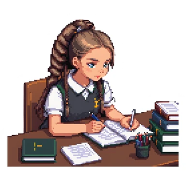 Girl with ponytail working on exam at desk with textbooks sticker