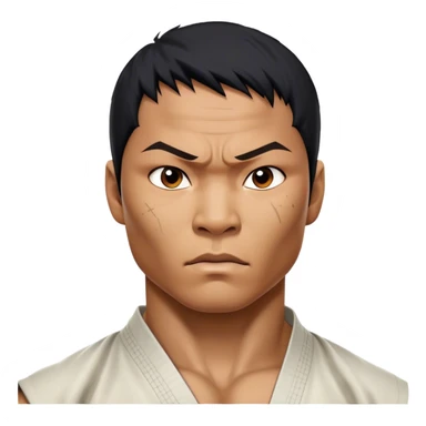 ​Cinematic Realistic Portrait of Tony Jaa, a close-up depiction capturing his intense, determined expression and finely detailed features, rendered with dramatic natural lighting that emphasizes his rugged athleticism and unmistakable martial arts presence, sticker