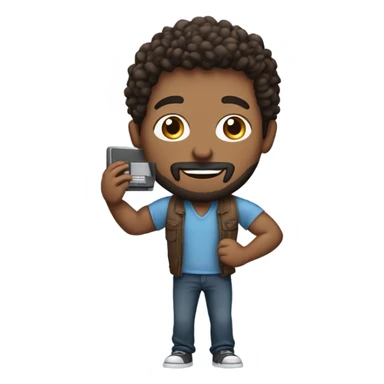 men carrying a computer in his hands. light brown skin men with curly dark brown hair, brown eyes, little grown beard. imposing, bit muscular build. dressed casual. sticker