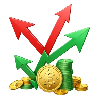 3D euro coins and banknotes stack, green upward arrow and red downward arrow, 
money flowing in and out, gold and silver coins, transparent background, 
emoji style, realistic, balanced composition sticker