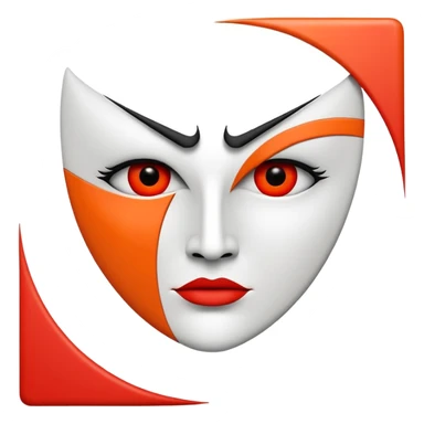 Flat vector logo icon, abstract evil face symbol.
Geometric and minimal design.

Face split vertically by a thin straight black line.
Left side solid red, right side solid orange.

Only eyes and mouth visible.
No nose, no facial lines, no cheeks, no anatomy.







 sticker