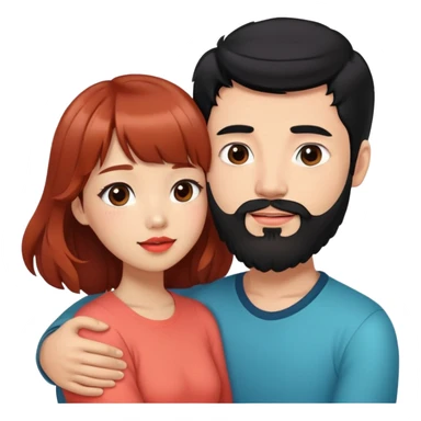 handsome mixed white asian man with black hair and beard, hugging cute tan skin girl with long wavy reddish brown hair with bangs and coral lipstick sticker