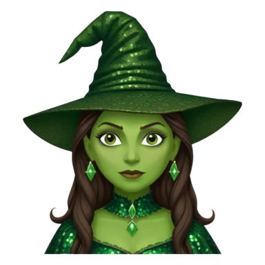 Elphaba, Wicked Witch of the West from The Wizard of Oz with long brown hair, dark green sequin outfit, green skin sticker