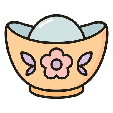 Chinese gold ingot (yuanbao) with floral pattern, thin clean contours, soft rounded shapes, pastel palette #98B5BC, #B5B3C1, #C9A3C9, #E4C0CA, #F7DCD1, #F7C0AA, detailed shadows and highlights, soft lighting, transparent background, Chinese eastern style, no surrounding decoration sticker