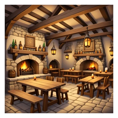cozy medieval fantasy tavern with wooden beams, fireplace, and tables where adventurers gather sticker
