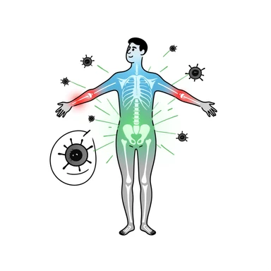 Conceptual medical illustration showing anti-inflammatory process: human body outline with glowing joints, blue and green healing energy radiating, red inflammation areas being neutralized, small view of calming immune cells, clean clinical aesthetic with futuristic medical background sticker