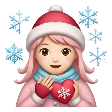 A kawaii Christmas emoji sticker, cozy winter vibes, soft colors, snowflakes, heart symbols, warm smile, cute and gentle style, festive and romantic.
 sticker