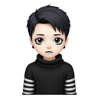Goth boy, chibi style, oversized sweater, striped sleeves, cute sticker
