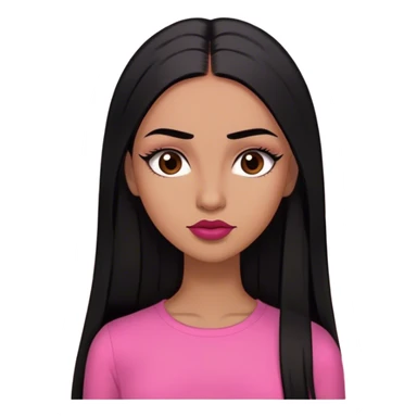 Woman,light brown skin,super long black straight hair, medium brown arched eyebrows, full lashes, red nude lips , pink shirt, small forehead  sticker