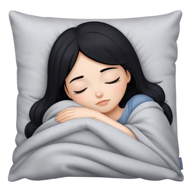 a girl with black hair sleeping on a gray pillow under a blanket  sticker
