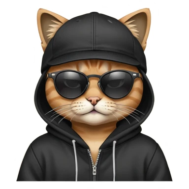 cat wearing a black snapback cap and black hoodie, with black sunglasses positioned low on his nose, looking directly at the viewer over the top of his sunglasses with a cool expression, doing graffiti with spray paint sticker