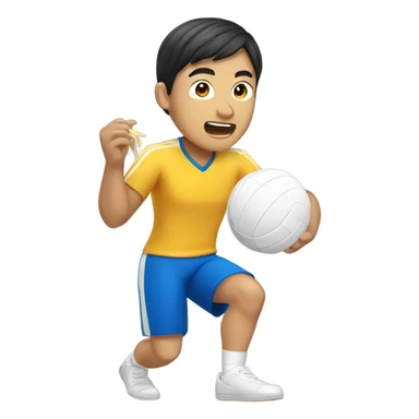 asian man playing volleyball and eating noodles sticker